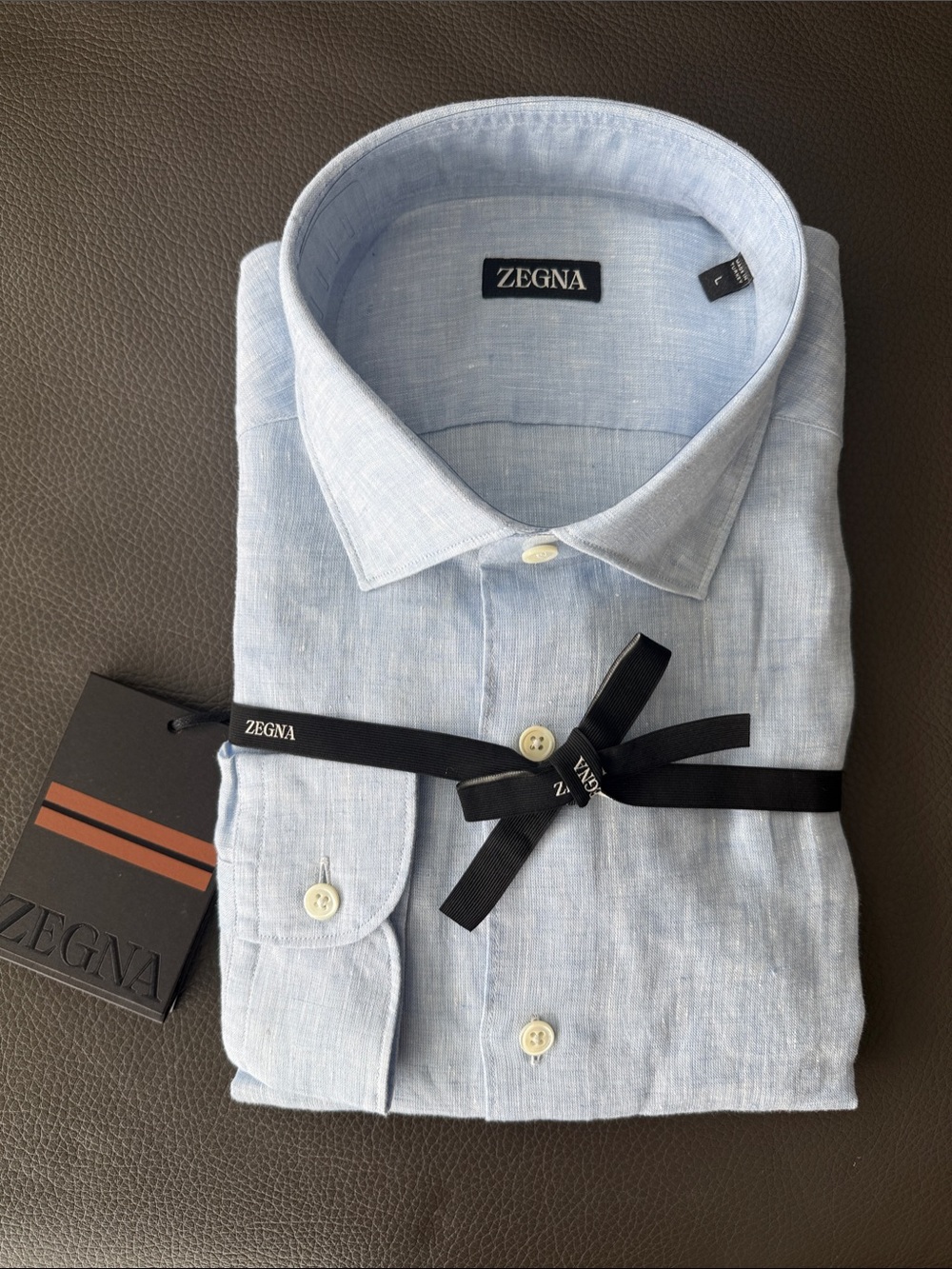 Zegna Men’s Light Blue Linen Dress Shirt - Classic Spread Collar